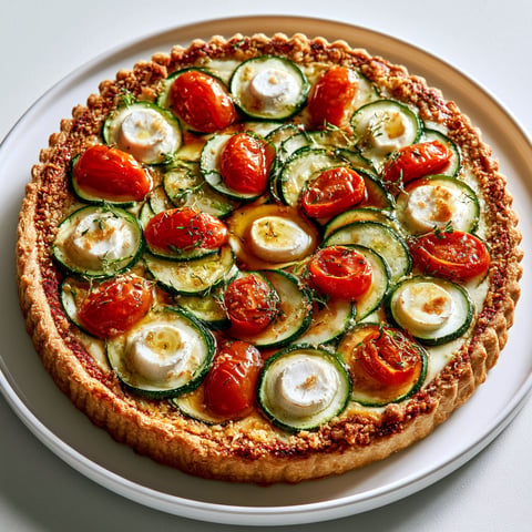 Une tarte estivale aux courgettes, tomates et chèvre,.