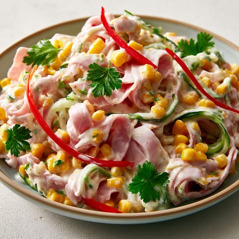 Une salade minceur de tagliatelles de jambon, concombre et maïs.