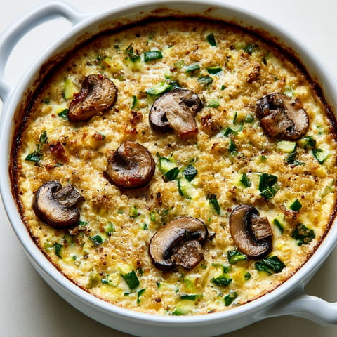 Une gratinée de courgettes et quinoa, avec des champignons et des herbes vertes.