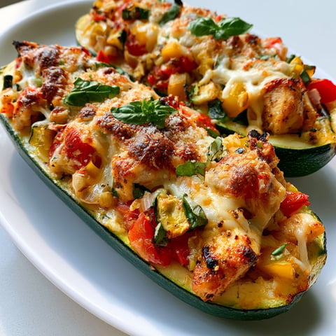 Barquettes de Courgettes au Poulet, Poivrons et Fromage, Gratinées au Four