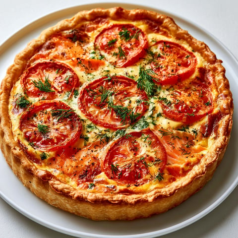 Une tarte au saumon fumé est servie sur un plateau.