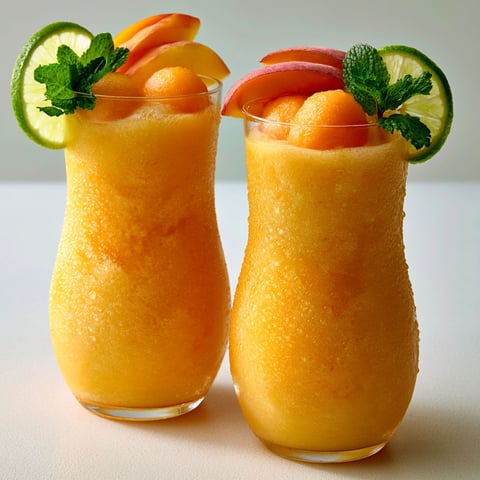Les deux verres de smoothie pêche melon sont sur le plateau.