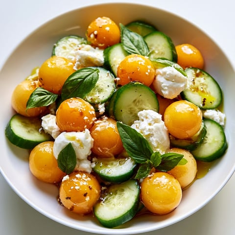 Une salade de melon, concombre et fromage de chèvre, .