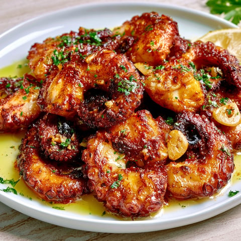 Poulpe Sauté à l’Ail, Paprika Fumé et Épices, Doré à la Poêle.