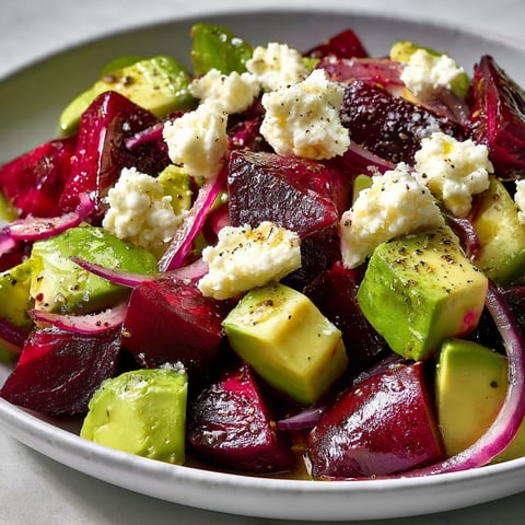 Une salade de Betterave, Avocat et Feta, avec des légumes frais et des fromages.