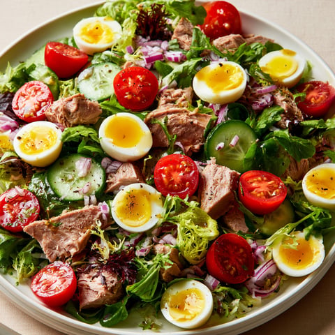 Une salade de thon et d'œufs de caille, avec des tomates, des cucumbers.