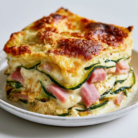 Un plat de lasagna de courgettes et jambon.