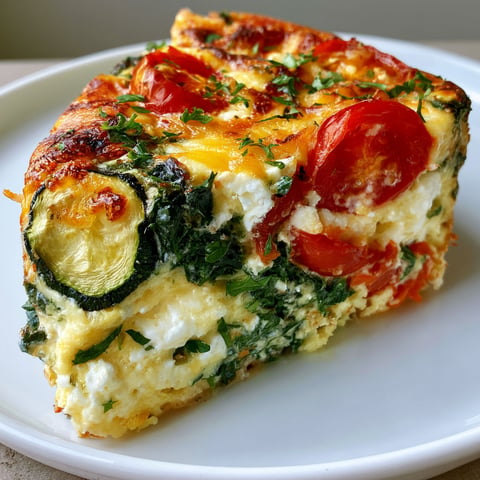 Une quiche sans pâte d'été aux courgettes, épinards et tomates.