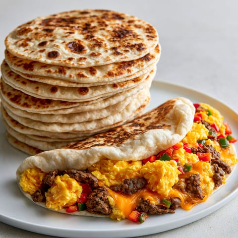 Une pile de tortillas de farine maison est servie sur un plateau avec une sauce au fromage et des légumes.