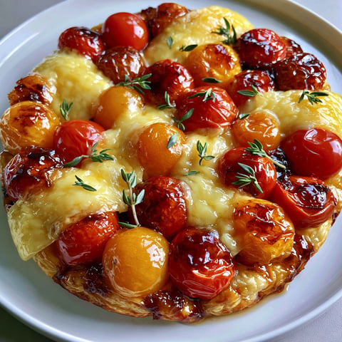 Une tarte aux tomates cerises et fromage fondant, avec des herbes fraîches pour garnir.