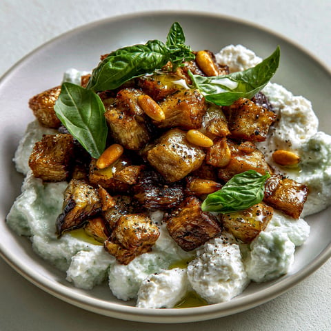 Une assiette de mousse de feta au basilic et aux aubergines fondantes.