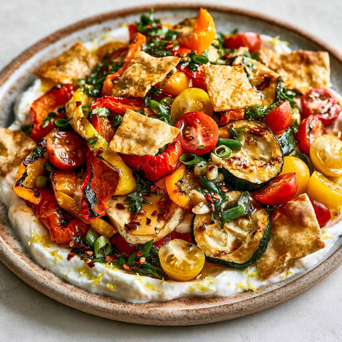 Une salade de poivrons et de courgettes grillés, avec des tomates et des légumes verts.
