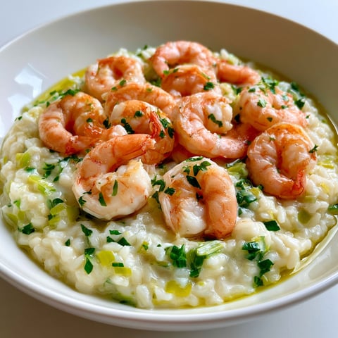 Une assiette de risotto aux crevettes, avec des herbes et des légumes.