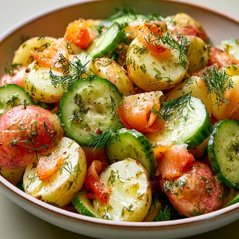 Une salade de pommes de terre et de truites fumées, servie dans un bol.