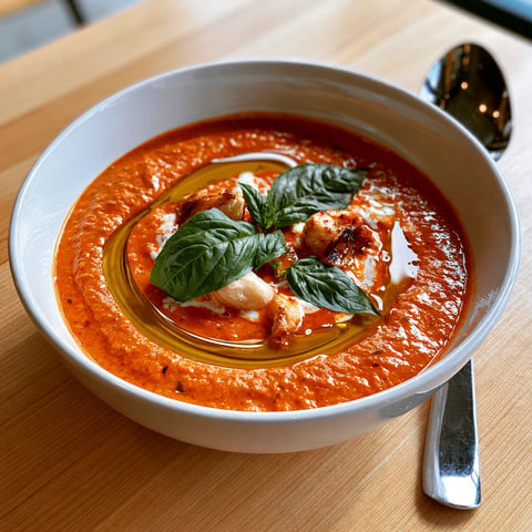 Une soupe riche et épicée, Crème de tomates rôties à l'ail confit, est servie dans un bol en porcelaine.