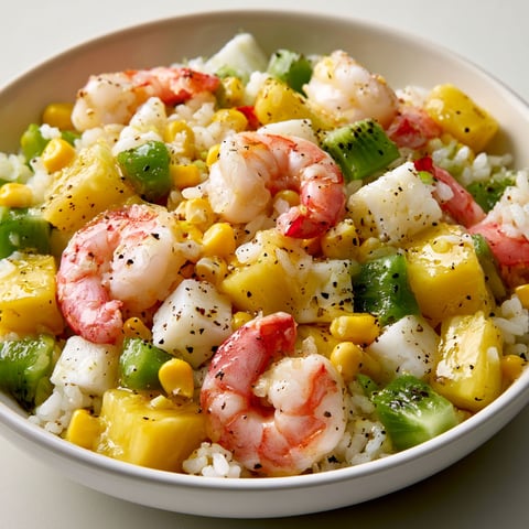 Salade fraîche hawaïenne aux crevettes, maïs, ananas et kiwi.