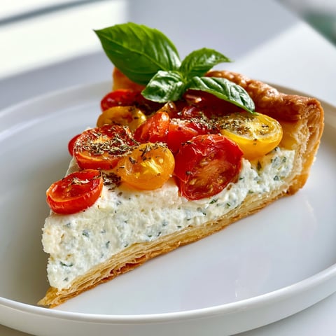 La tarte estivale aux tomates multicolores, fromage frais et basilic.