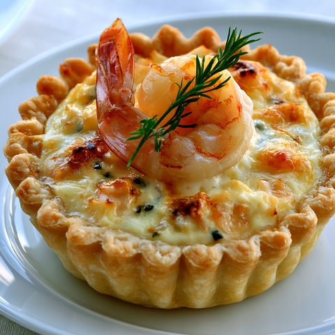 Mini tartelettes aux crevettes, crème et fromage.