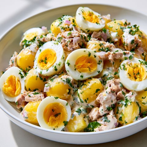 Une salade de pommes de terre au thon facile est servie dans un bol.
