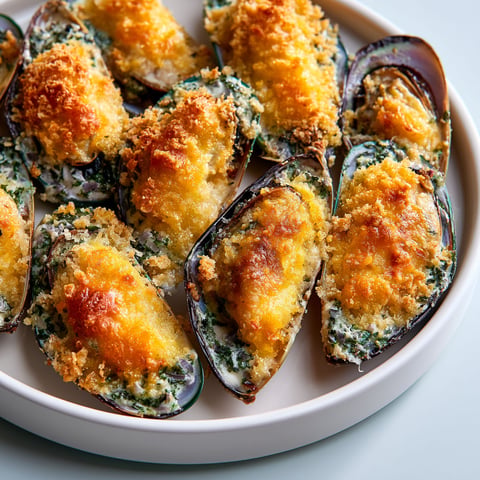Moules au gruyère gratinées au four.