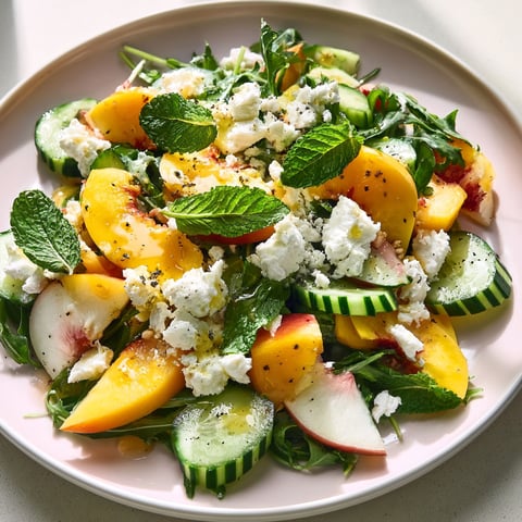 Une salade de pêches, concombre et feta.