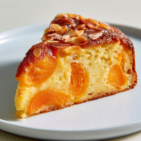 Une tranche de gâteau aux abricots sur un plateau.