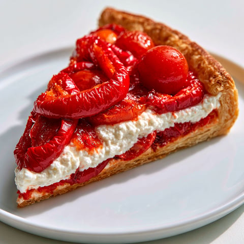 Une tarte estivale croustillante composée de tomates et de poivrons marinés.