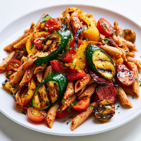 Une salade de pâtes aux légumes grillés et vinaigrette à la tomate.