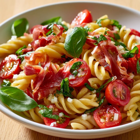 Délicieuse salade de pâtes au jambon cru, tomates et basilic frais