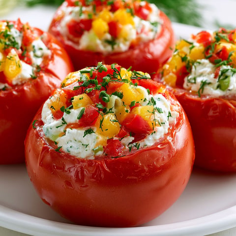 Délicieuses tomates farcies sans cuisson avec une garniture crémeuse et parfumée.