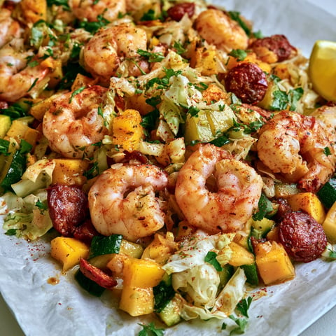 Crevettes au four avec chorizo, mangue et courgettes pour un repas plein de saveurs.