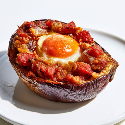 Une aubergine farcie avec un œuf au nid.