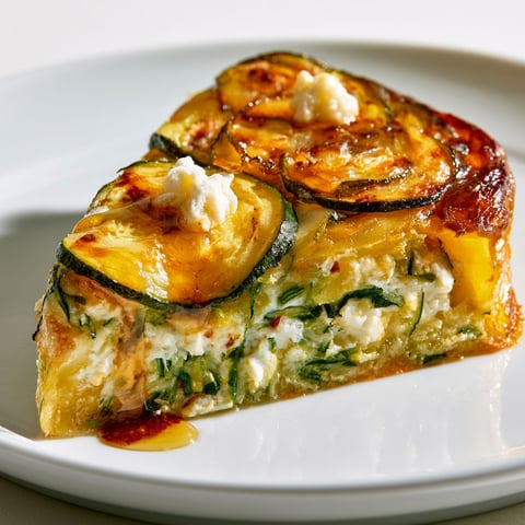 Une portion de scarpaccia de courgettes façon tatin sur un plateau.