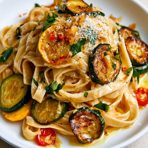 Une plate de pâtes aux courgettes poêlées, relevées d'ail, de parmesan et d'une touche de piment,.
