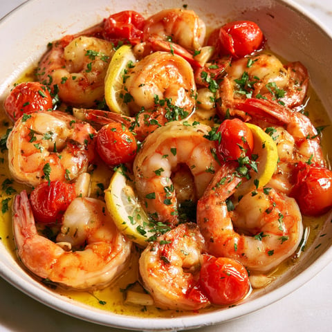 Une assiette de crevettes à l'ail, citron et tomates cerises, servie dans un bol.