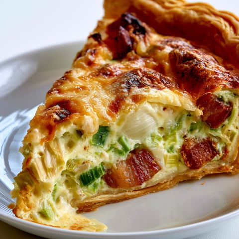Une tarte aux poireaux et aux lardons est servie sur un plateau.