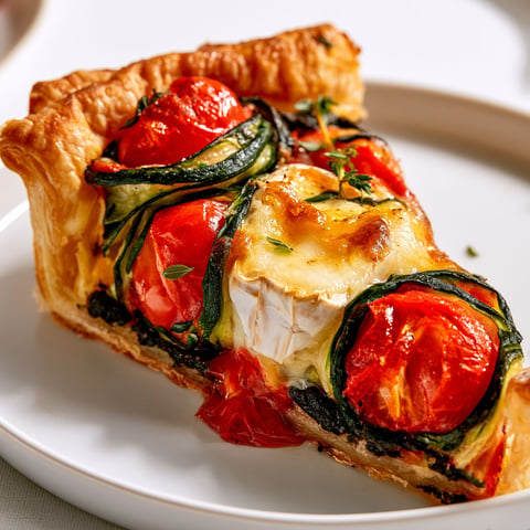 Une tarte estivale aux légumes fleurs et au chèvre, avec des tomates et des courgettes.