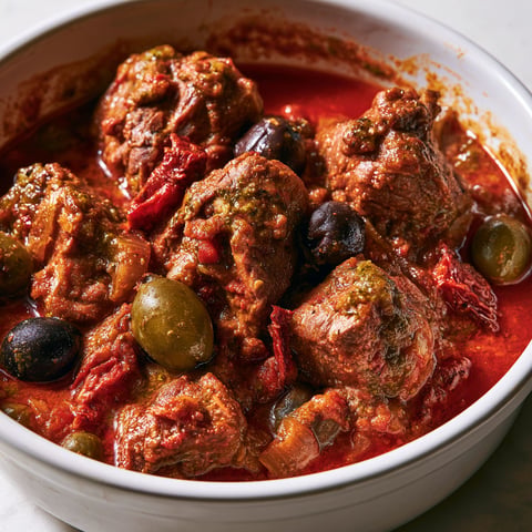Un plat de Sauté de veau aux olives et pesto rosso.