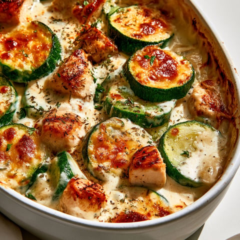 Une gratin de courgette au poulet, avec des légumes verts et des herbes