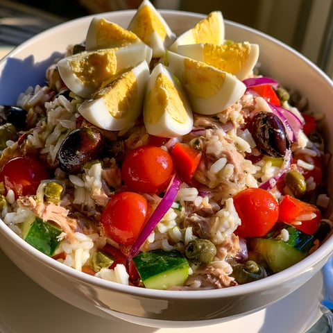 Salade de riz niçoise avec des tomates, des oeufs, des olives et des légumes verts.