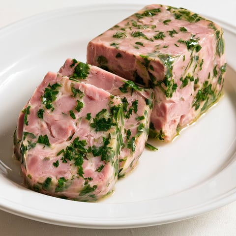 Une terrine froide de jambonneau aux fines herbes est servie sur un plateau.