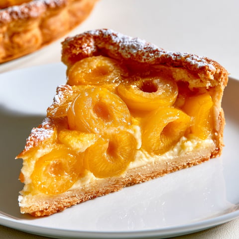 Une tarte aux mirabelles façon alsacienne est servie sur un plateau.
