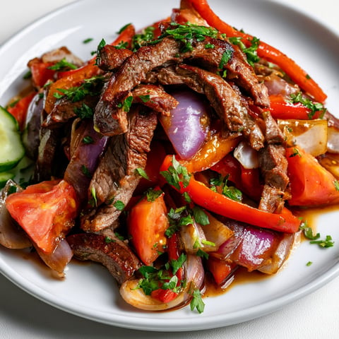 Une plate de lomo saltado péruvien, avec des légumes et des herbes.