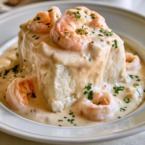 Mousseline de poisson fondante aux crevettes et aux herbes.