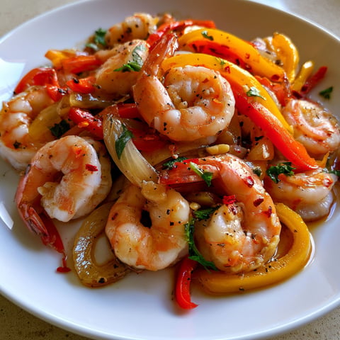 Une plate de crevettes sautées avec des poivrons et des herbes.