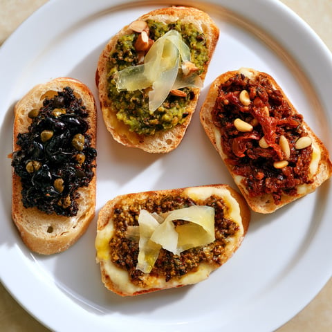 Tartines apéritives aux tapenades noire verte et tomate.