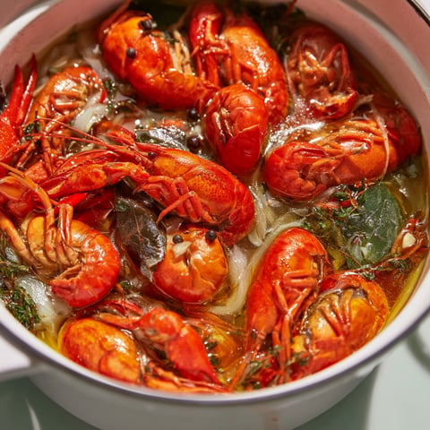 Bouillon de ma grand-mère avec des écrevisses rouges.