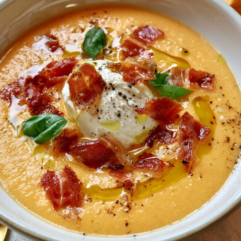 Gaspacho de melon et concombre avec crème fouettée à l’huile d’olive et prosciutto.
