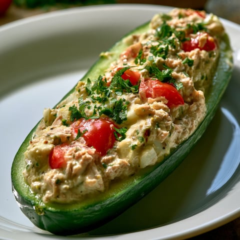 Concombres farcis au thon et aux tomates cerises une recette sans cuisson, fraîche et facile à préparer en été.