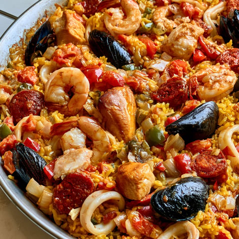Paëlla espagnole au poulet, calamars, moules et crevettes un plat complet et gourmand à partager ensemble.